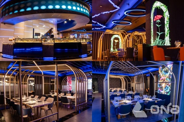 NYX 내부 전경. 그리스 밤의 여신 ‘NYX’의 이름에 맞춰 밤하늘을 연상시키는 조명과 곡선형 구조물, 프라이빗 다이닝 공간을 배치해 신비롭고 고급스러운 분위기를 구현했다.(제공=바이킹 그룹)