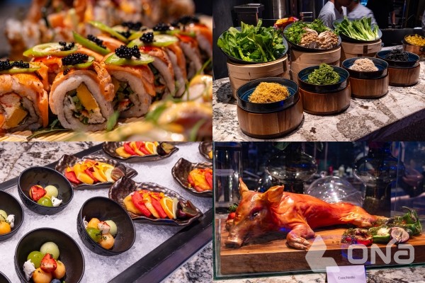 NYX에서 선보인 다양한 뷔페 메뉴와 식재료들. 롤과 샐러드 재료, 디저트, 통돼지 요리 등으로 프리미엄 뷔페의 다채로운 구성을 보여준다.